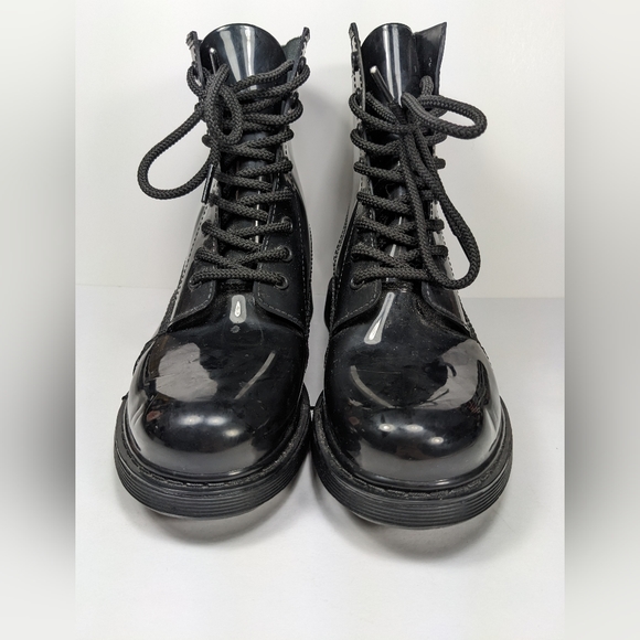 Shiny black rubber lace up short combat boot only worn once - Picture 8 of 8